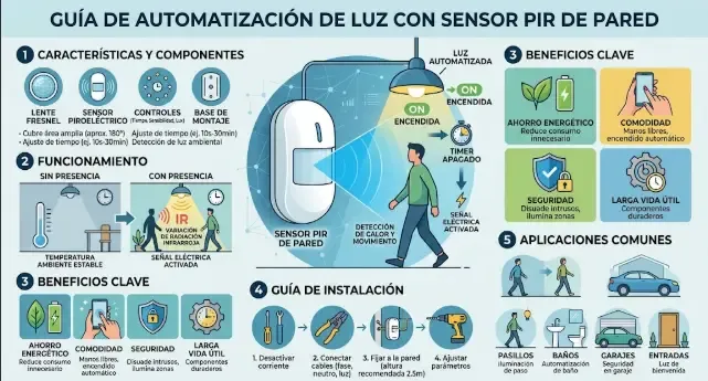 Sensor de movimiento PIR instalado en pared para automatización de iluminación