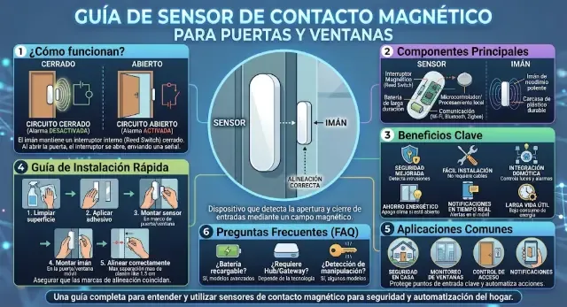 Sensor de contacto magnético instalado en una ventana para detectar apertura