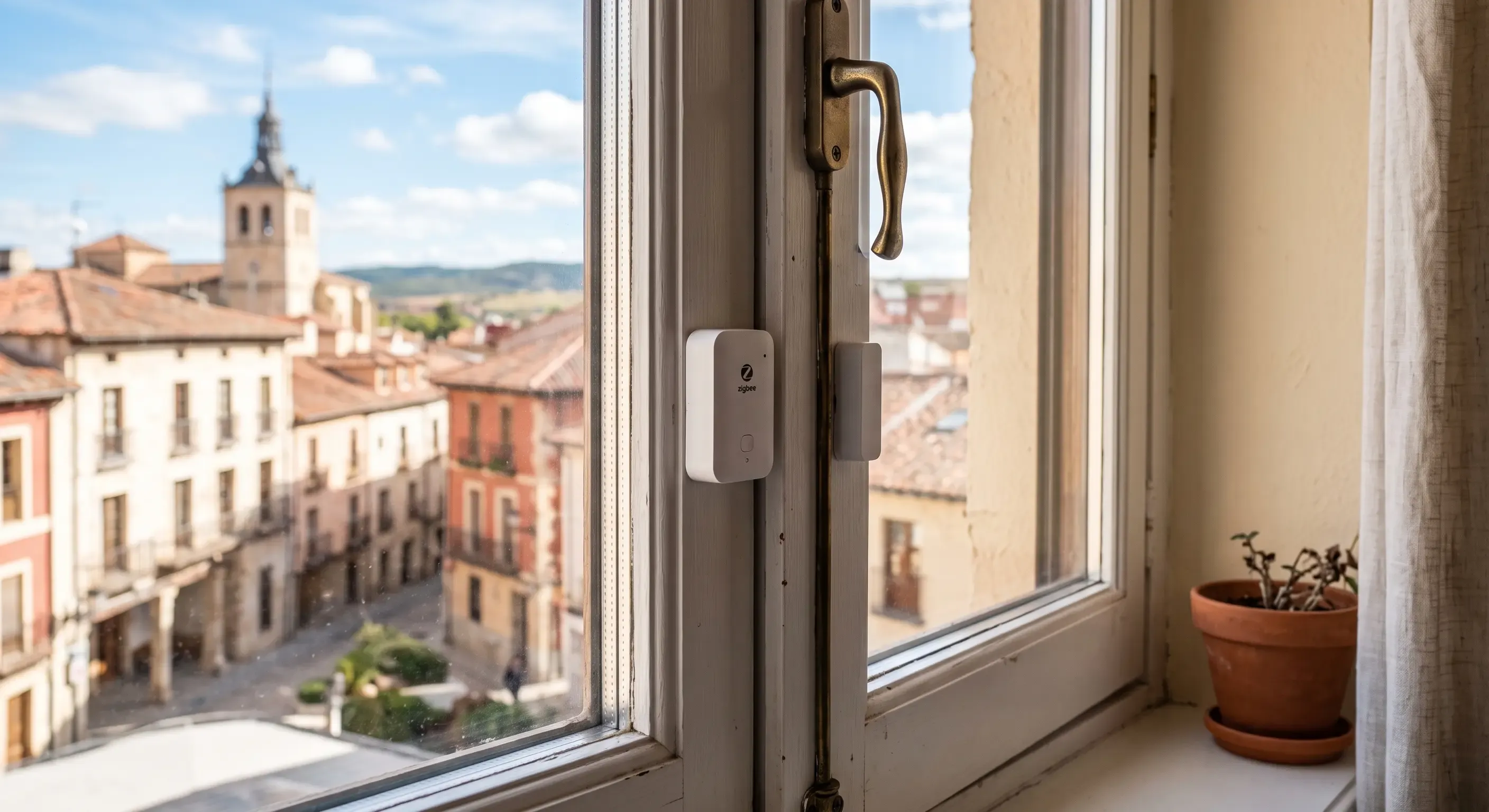 Sensor de apertura Zigbee instalado en el marco de una ventana, con imán magnético visible