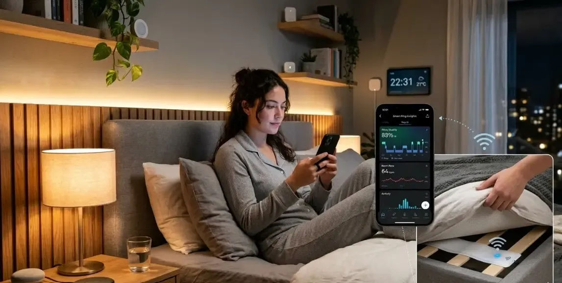 Instalación de un sensor de sueño delgado y blanco colocándose directamente debajo del colchón, conectado a la red WiFi del hogar.