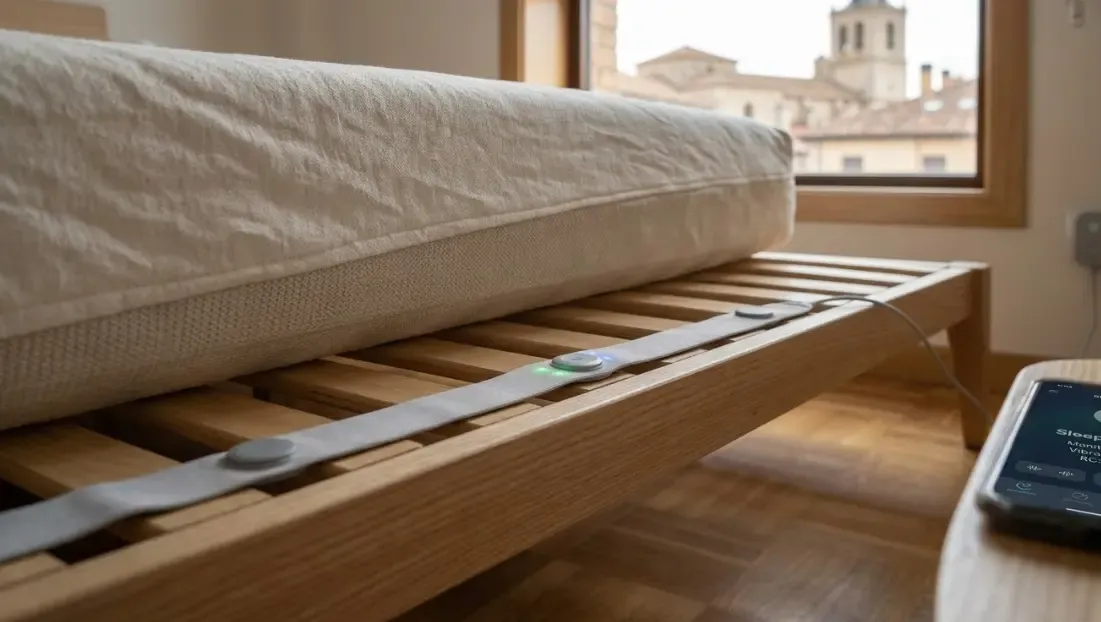 Detalle de una delgada banda de sensores de sueño colocada discretamente debajo del colchón, analizando las vibraciones y el ritmo cardíaco.