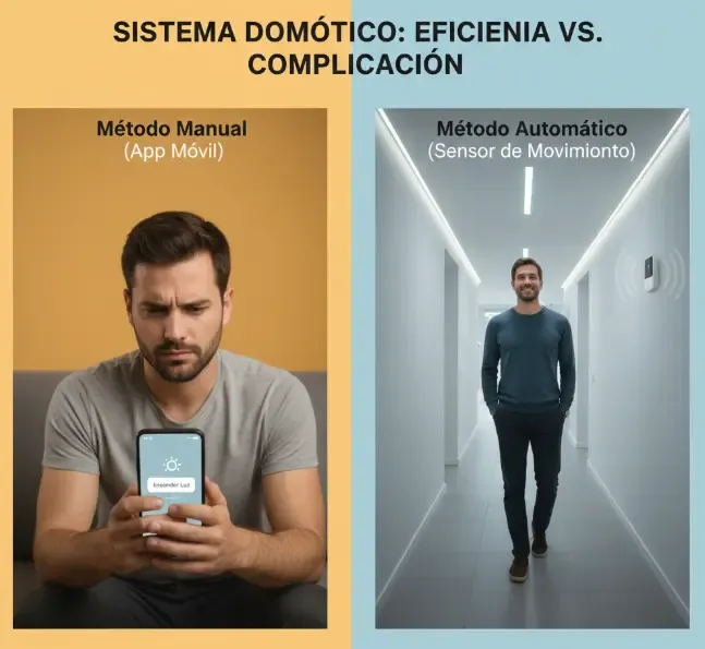 Comparativa entre una persona usando un teléfono para encender la luz y otra persona caminando por un pasillo mientras un pequeño sensor enciende la luz automáticamente