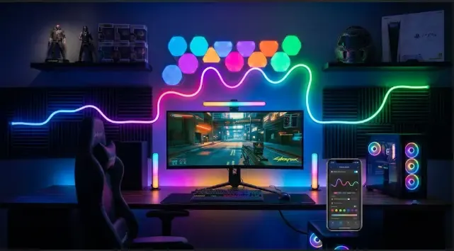 Setup gamer con tira LED RGBIC detrás del monitor sincronizada con el juego en pantalla