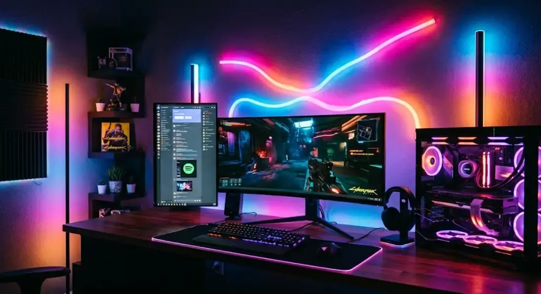 Setup de PC con tiras LED Govee sincronizadas mostrando colores reactivos en la pared