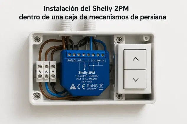 Instalación del Shelly 2PM dentro de una caja de mecanismos de persiana en formato horizontal