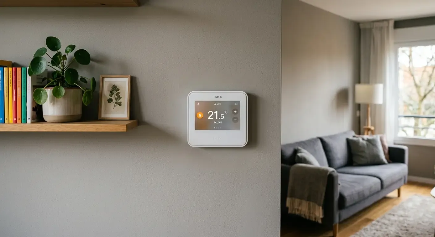 Termostato inteligente Tado X instalado en pared de salón: pantalla táctil y diseño minimalista