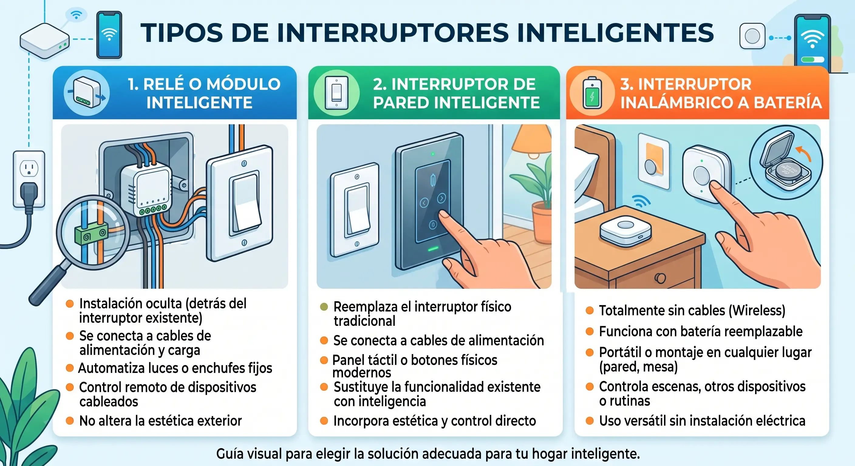 Tipos de interruptores inteligentes: relé, interruptor de pared e inalámbrico a batería