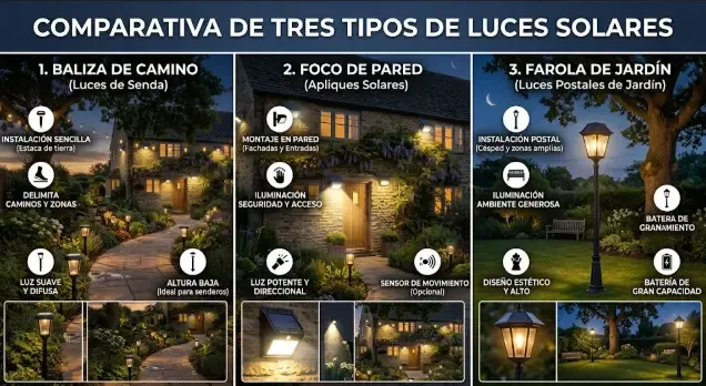 Comparativa de tres tipos de luces solares: baliza de camino, foco de pared y farola de jardín