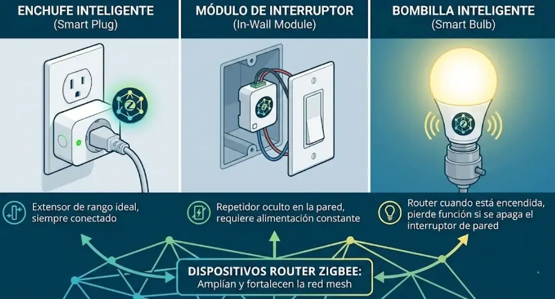 Comparativa visual de dispositivos que actúan como routers Zigbee: un enchufe inteligente conectado a la pared, un módulo de interruptor empotrado y una bombilla inteligente encendida.