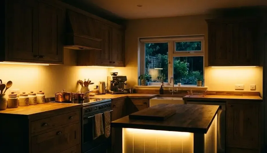 Cocina iluminada con tiras LED bajo mueble en tono cálido nocturno