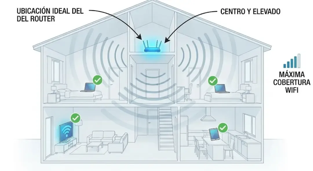 Ilustración esquemática de una casa mostrando la ubicación ideal del router en el centro y elevado para maximizar la cobertura WiFi a todos los dispositivos