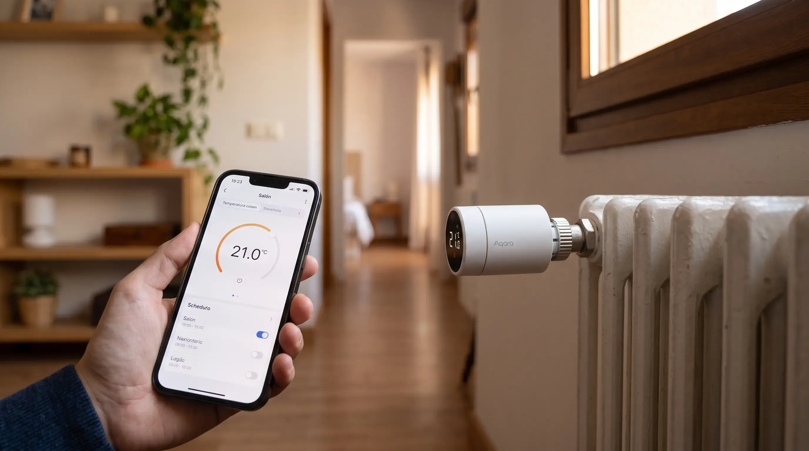 Válvula termostática inteligente Aqara instalada en radiador: permite controlar la temperatura por habitación