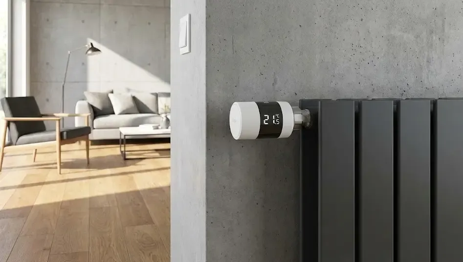 Válvula termostática inteligente instalada en radiador moderno