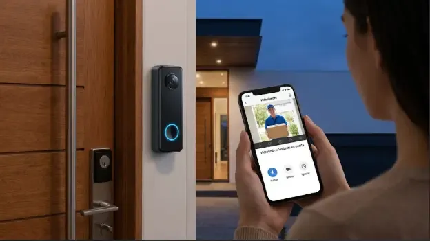 Videotimbre inteligente instalado en la puerta de entrada de una vivienda