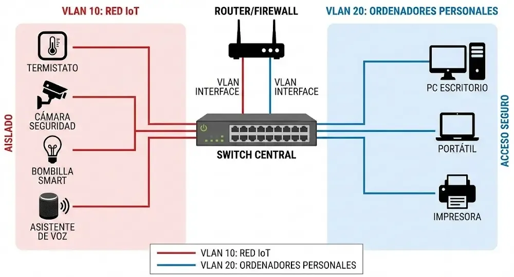Diagrama explicativo de una red VLAN separando dispositivos IoT de ordenadores personales