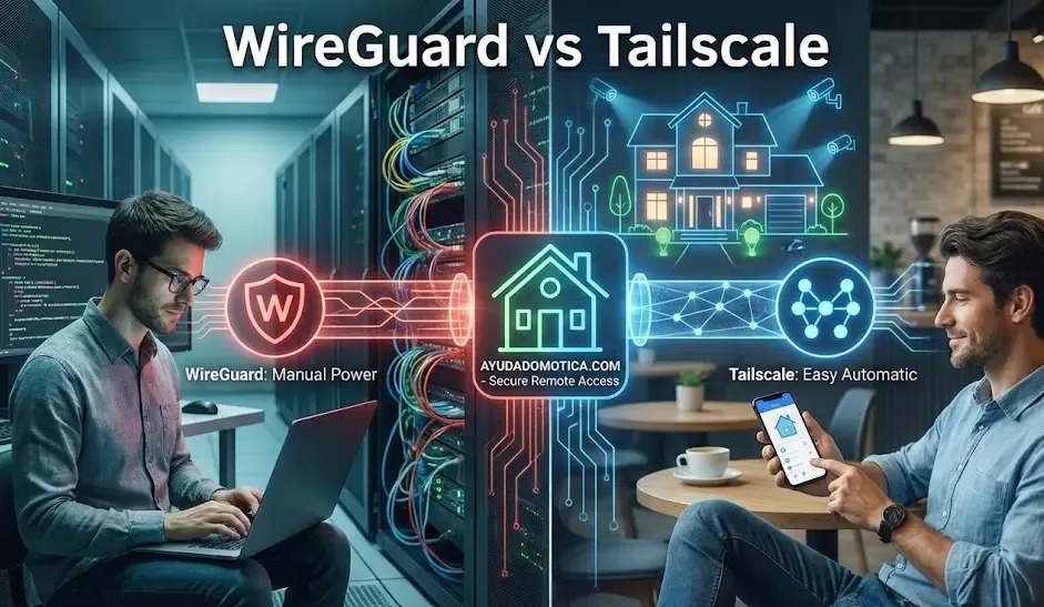 Comparativa visual entre WireGuard y Tailscale conectando un móvil a una casa inteligente