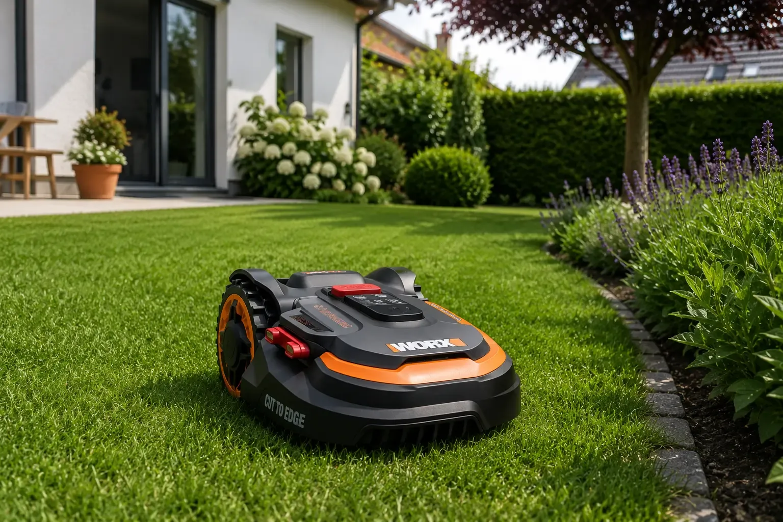 robot cortacésped worx landroid cortando césped en jardín residencial